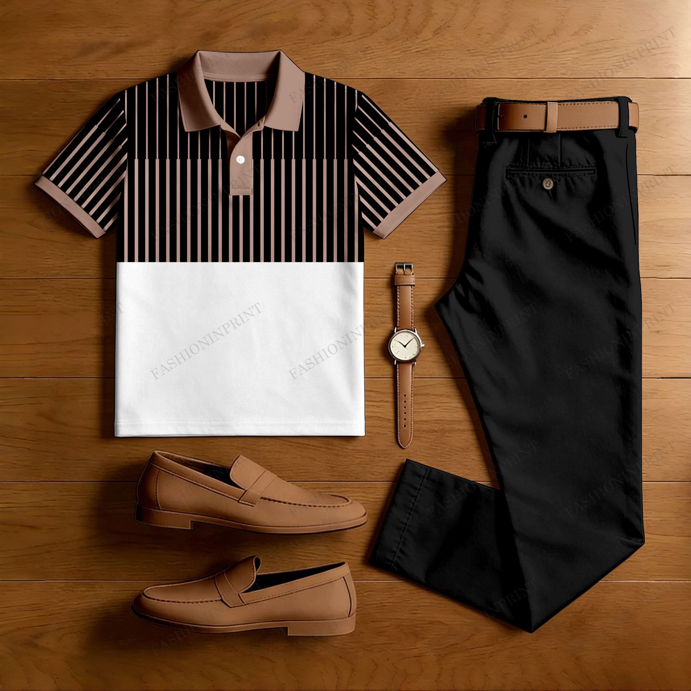 Men's Casual Black & White Stripes Printed Polo Shirt And Pants Two-Piece Set