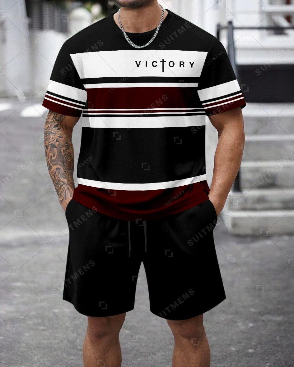 Men's Summer Colorblock Printed Round Neck Set 469
