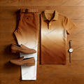 Men's Casual Brown Gradient White Color Matching Printed Short Sleeved Polo Shirt & Trousers Two-Piece Set203111
