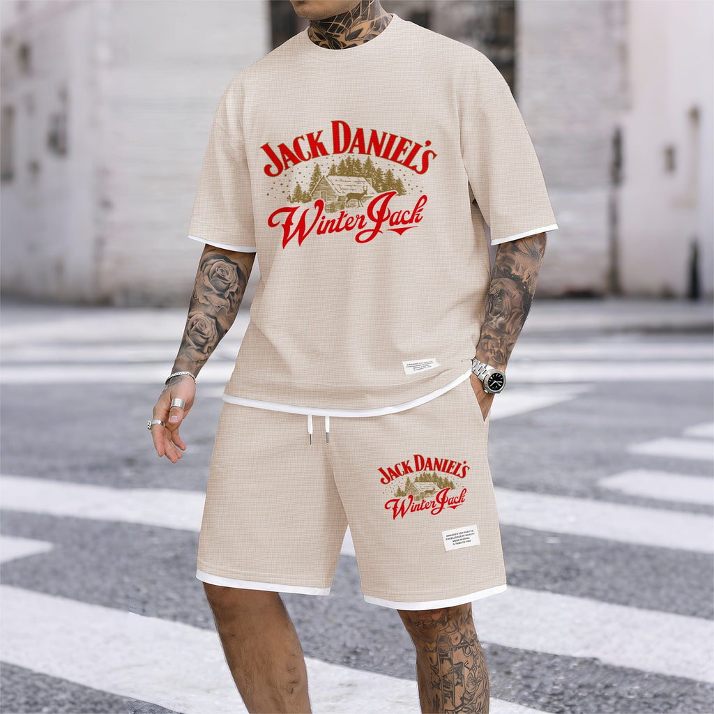 Men's Beer And Beverage Printed Drawstring Shorts Set, Suitable For Spring And Summer Wear, Casual Summer Set, Including Short-Sleeved Shirt And Shorts, Suitable For Everyday Wear And Sports 08