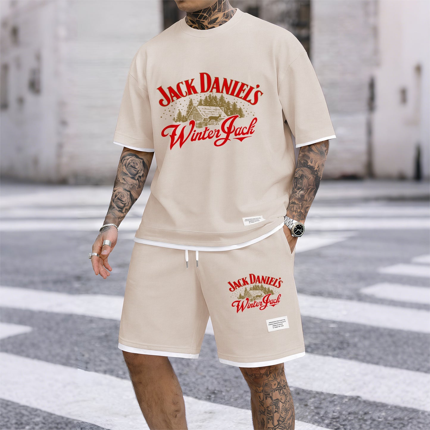 Men's Beer And Beverage Printed Drawstring Shorts Set, Suitable For Spring And Summer Wear, Casual Summer Set, Including Short-Sleeved Shirt And Shorts, Suitable For Everyday Wear And Sports 08