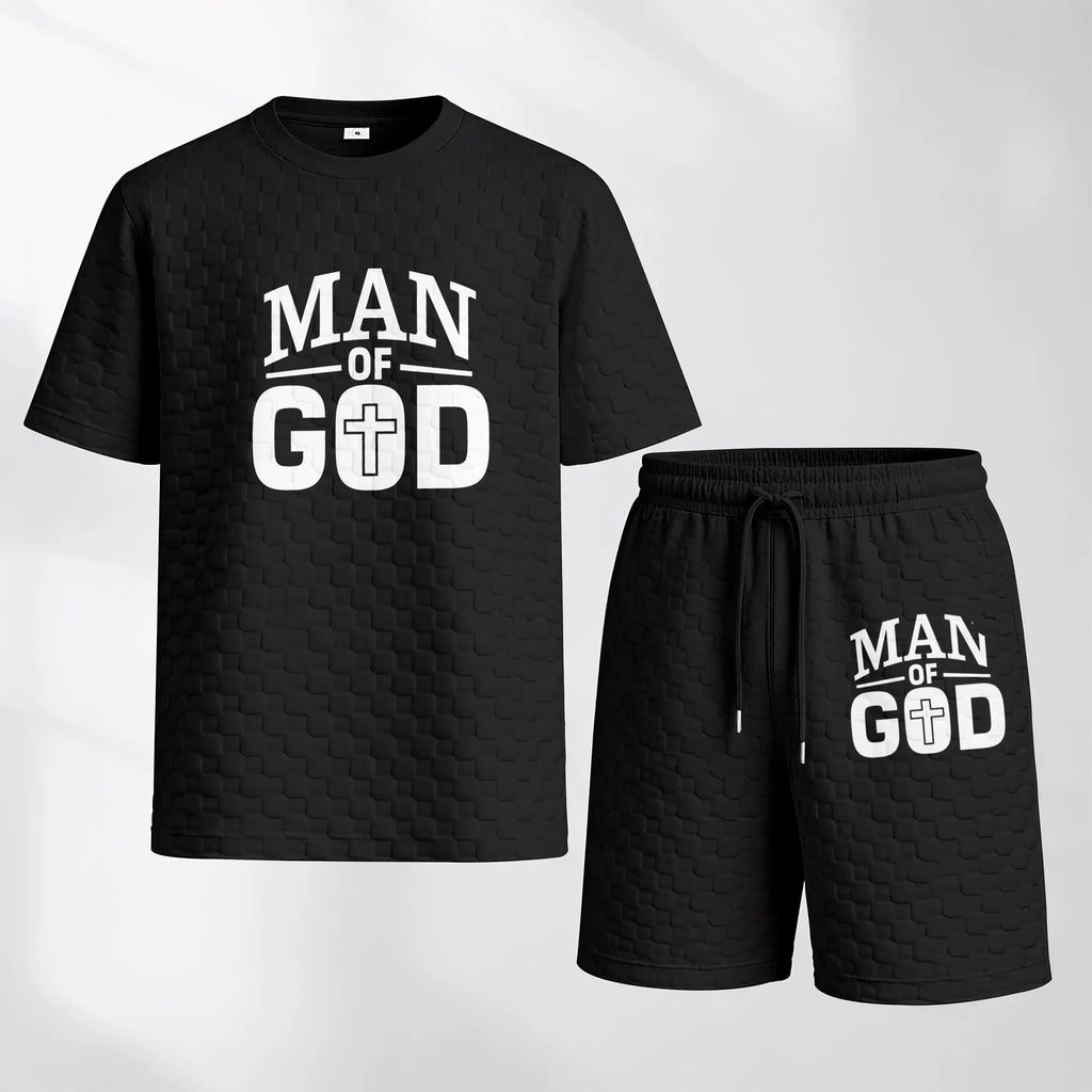 Men's Spring and Summer 'Man of God' Letter Print Checkered Fabric Drawstring Shorts Set, Casual Summer Outfit with Short-Sleeved Shirt and Shorts, Ideal for Everyday Wear and Sports Activities.