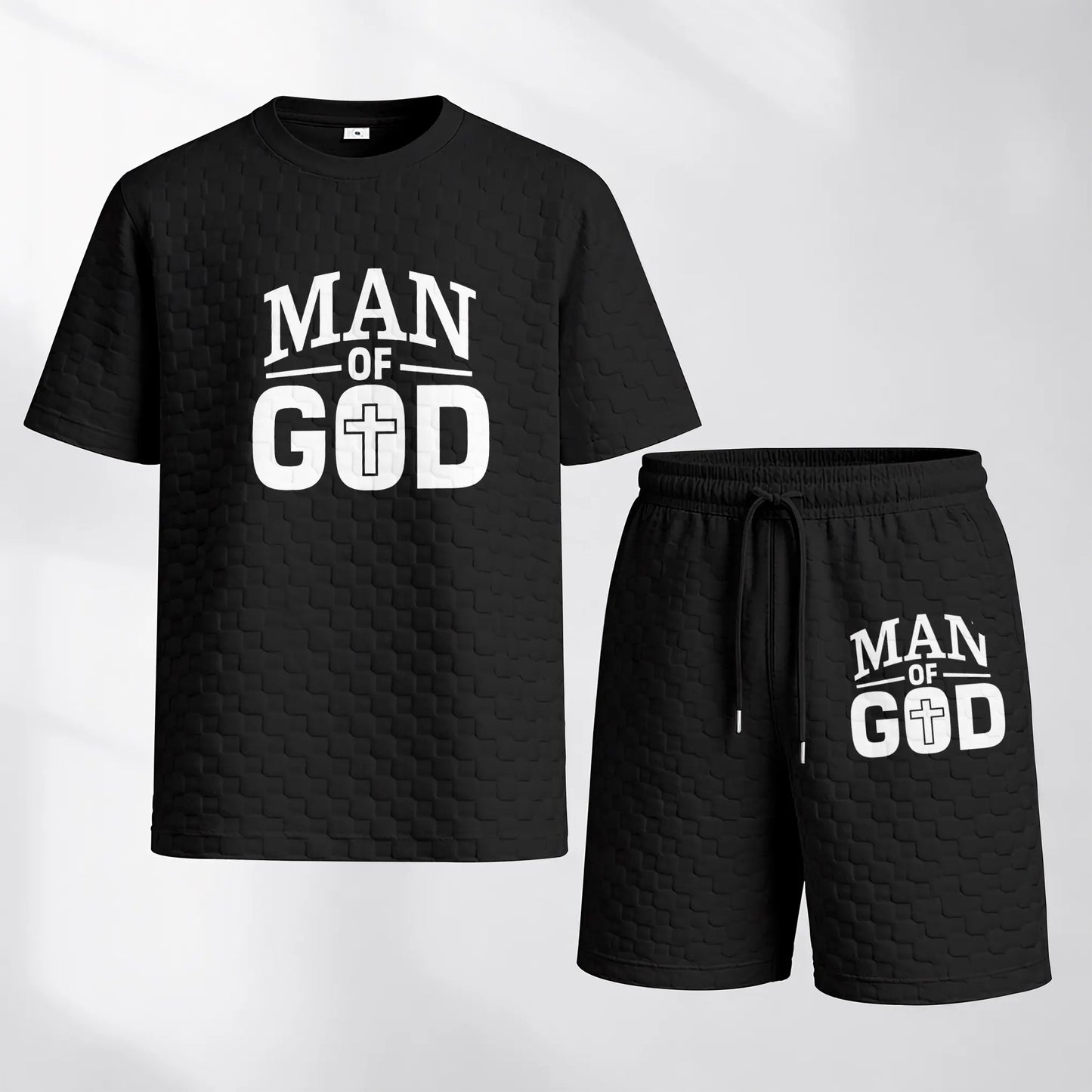 Men's Spring and Summer 'Man of God' Letter Print Checkered Fabric Drawstring Shorts Set, Casual Summer Outfit with Short-Sleeved Shirt and Shorts, Ideal for Everyday Wear and Sports Activities.