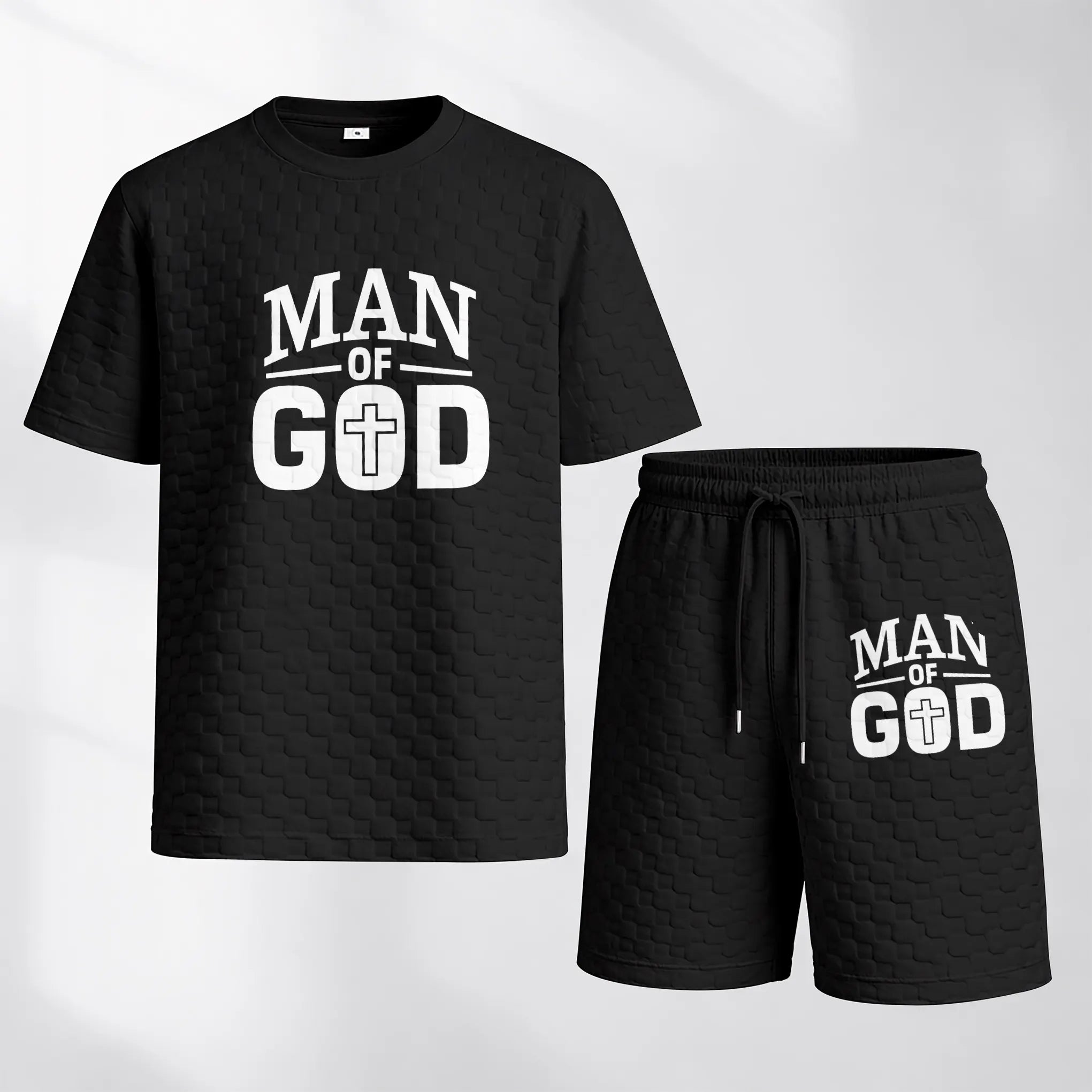 Men's Spring and Summer 'Man of God' Letter Print Checkered Fabric Drawstring Shorts Set, Casual Summer Outfit with Short-Sleeved Shirt and Shorts, Ideal for Everyday Wear and Sports Activities.
