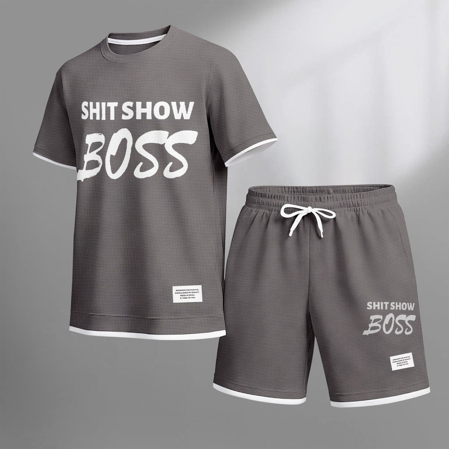 Men's Boss print drawstring shorts set for spring/summer, a casual summer outfit including a short-sleeved shirt and shorts, suitable for everyday wear and sports. A two-piece set for a relaxed and energetic lifestyle.