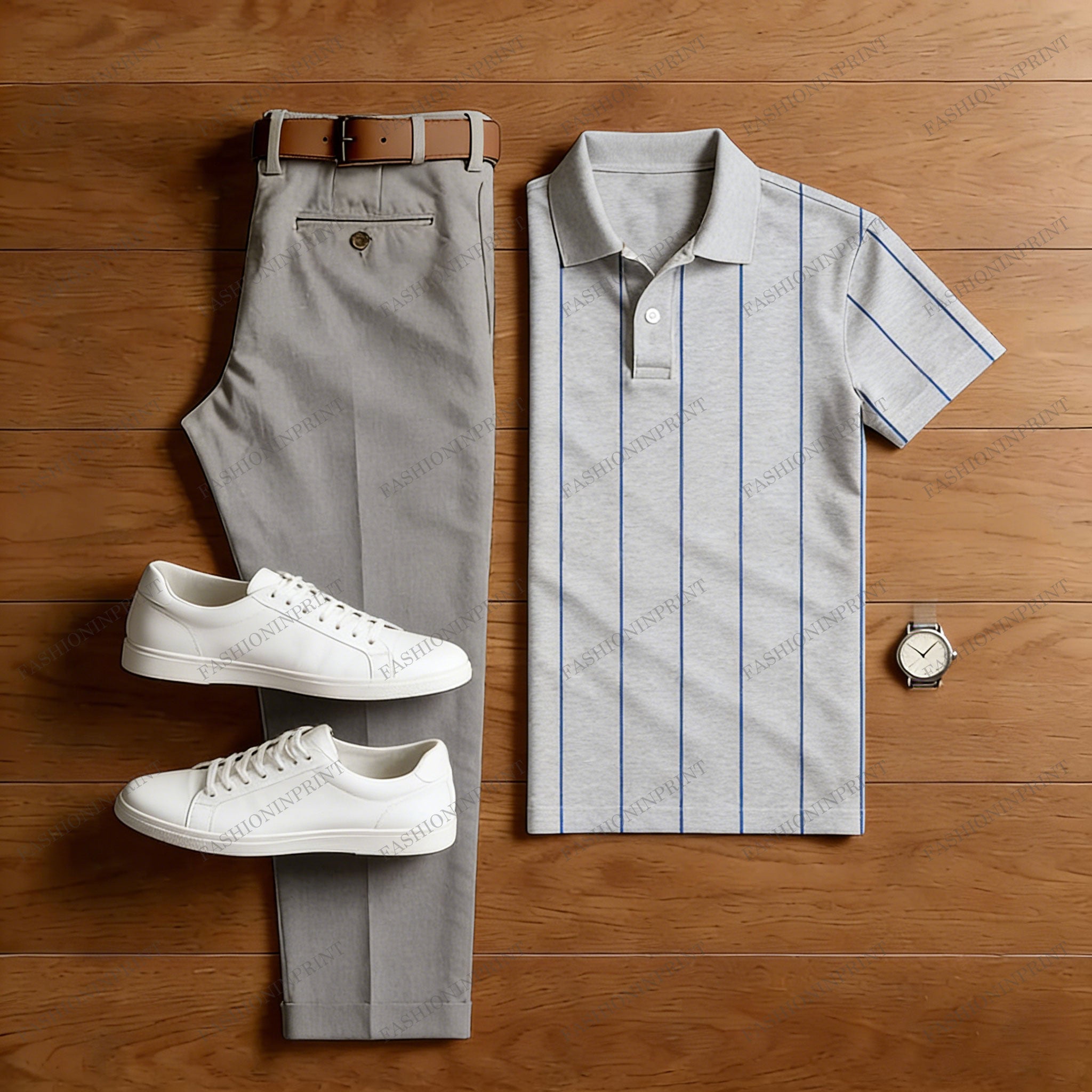 Men's Casual Blue Striped Short-Sleeved Polo Shirt And Trousers Two-Piece Set 203678