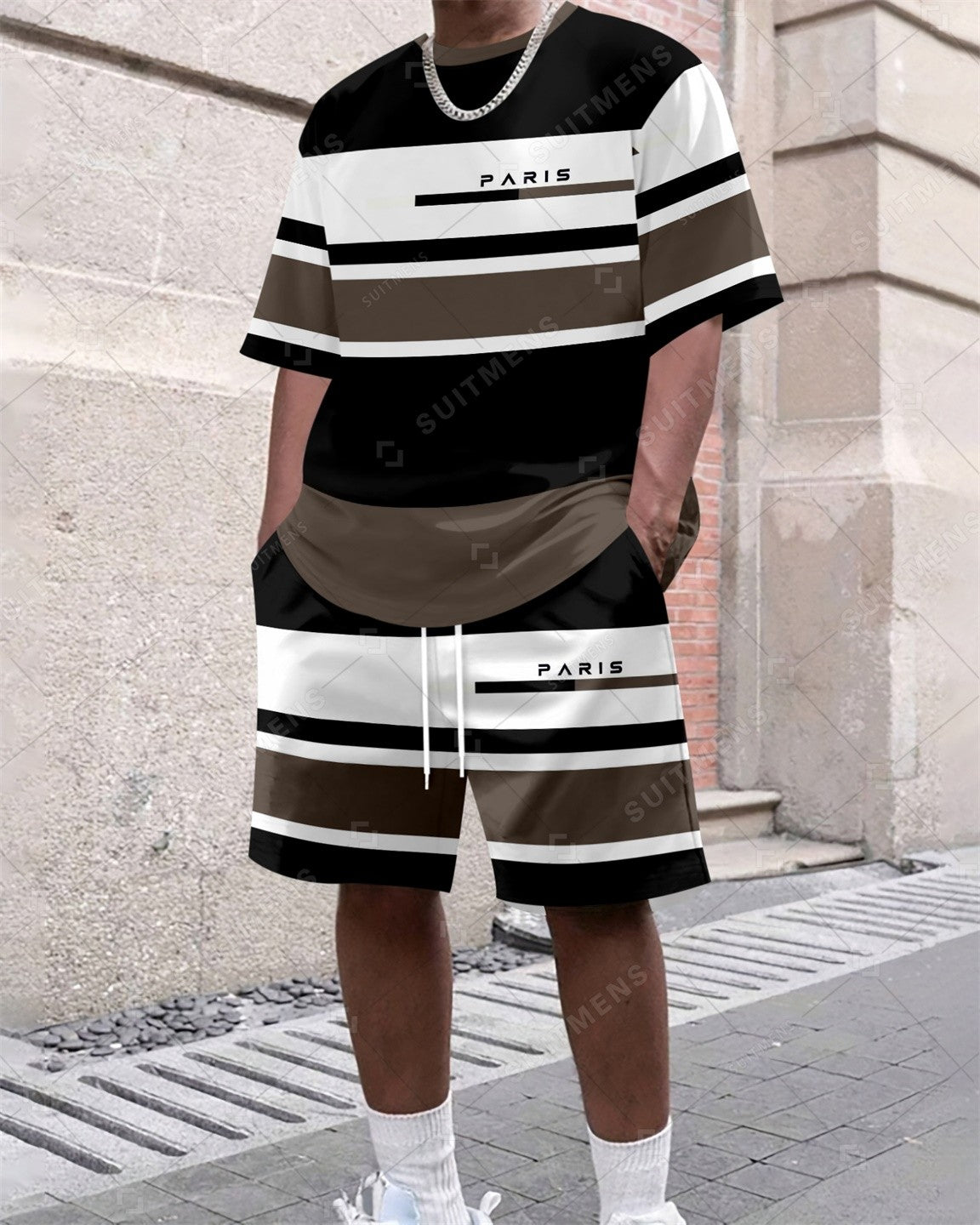 Men's Summer Colorblock Printed Round Neck Set 390
