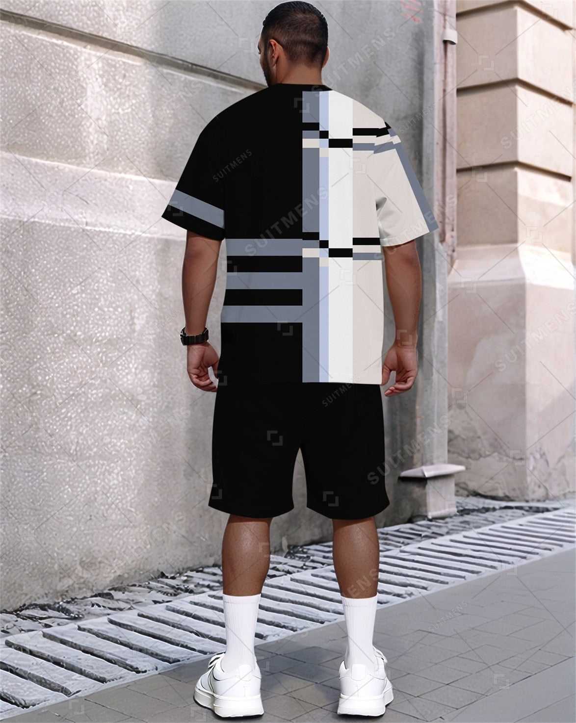 Men's Summer Color Matching Print Round Neck Set 317