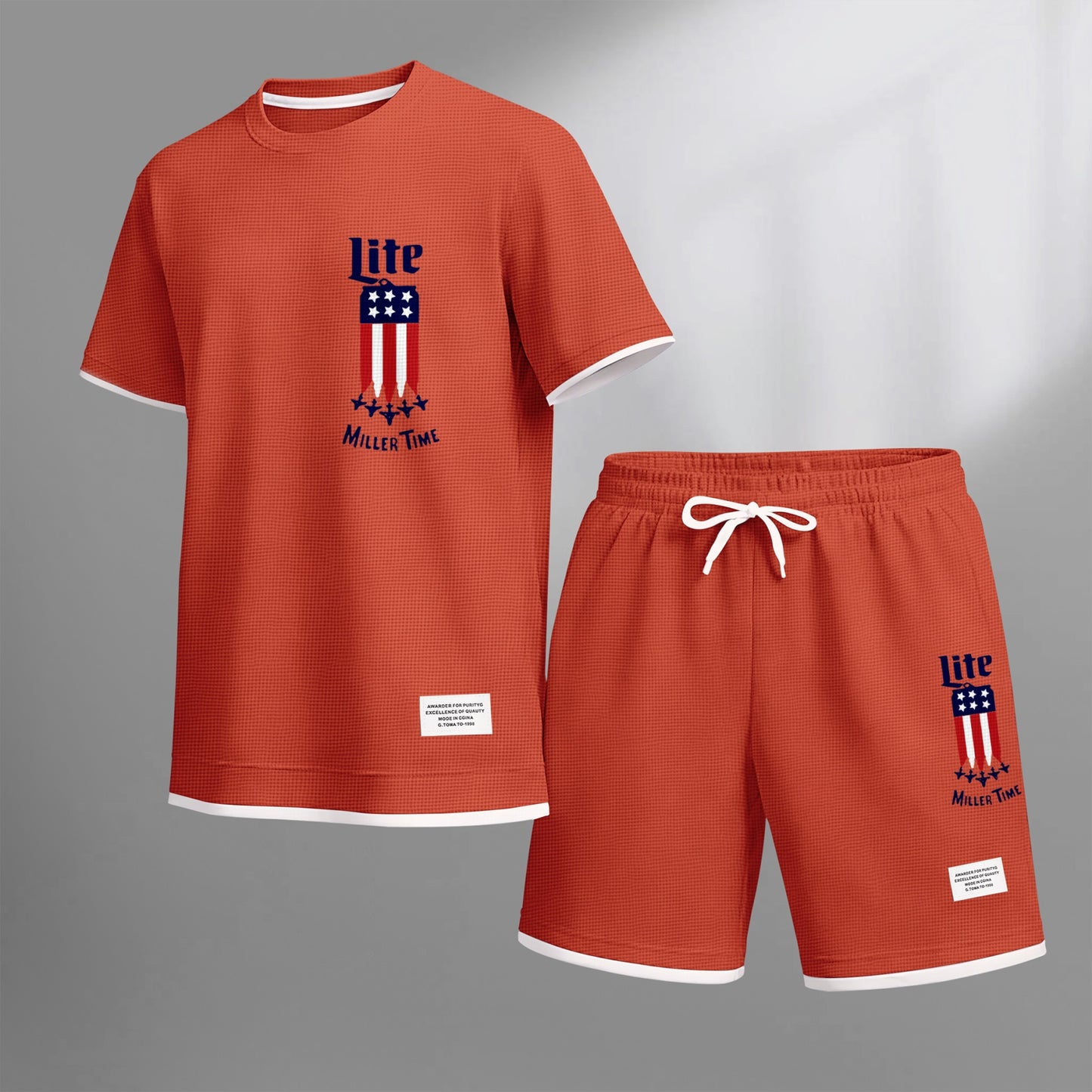 Men's Beer And Beverage Printed Drawstring Shorts Set, Suitable For Spring And Summer Wear, Casual Summer Set, Including Short-Sleeved Shirt And Shorts, Suitable For Everyday Wear And Sports 012