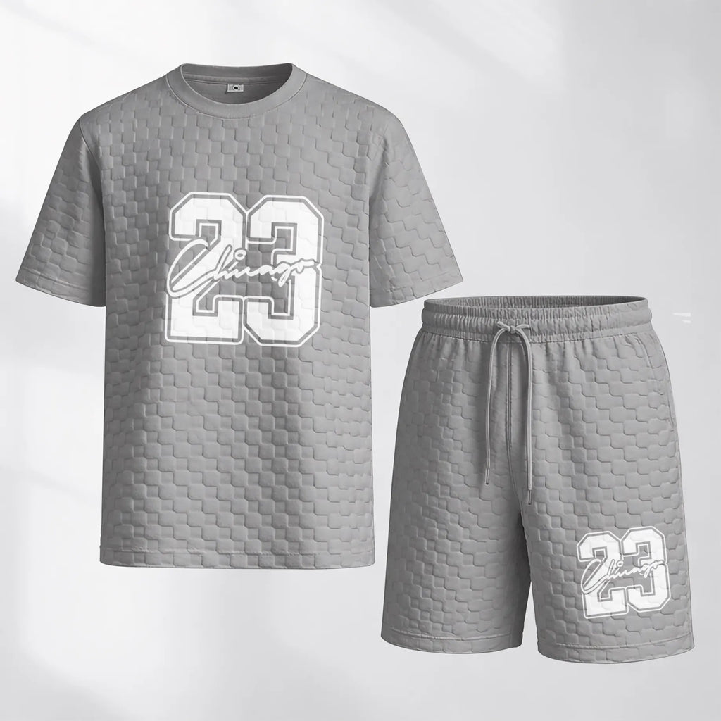 Men's No. 23 Graphic Print Spring And Summer Drawstring Shorts Set, A Casual Summer Outfit, Including A Short-Sleeved Shirt And Shorts, Suitable For Everyday Wear And Sports Activities. A Two-Piece Set For A Relaxed And Active Lifestyle.