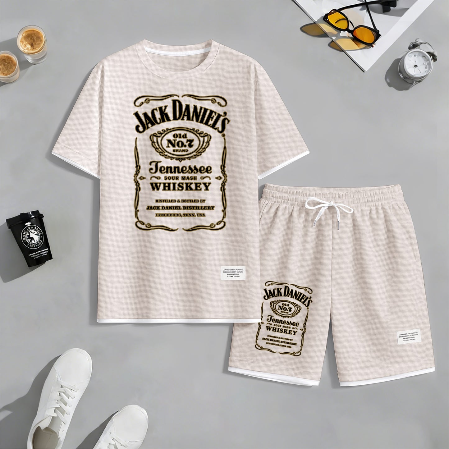 Men's Beer And Beverage Printed Drawstring Shorts Set, Suitable For Spring And Summer Wear, Casual Summer Set, Including Short-Sleeved Shirt And Shorts, Suitable For Everyday Wear And Sports 03