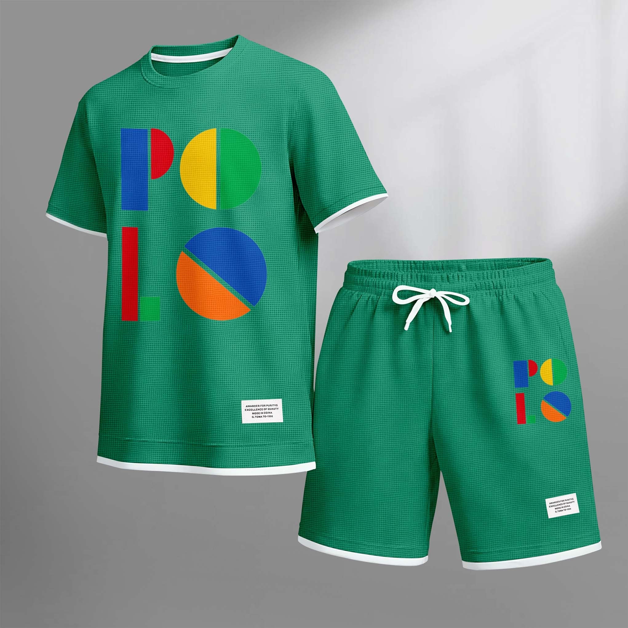 Men's Color Polo Print Drawstring Shorts Set For Spring/Summer. A Casual Summer Outfit, Including A Short-Sleeved Shirt And Shorts, Suitable For Everyday Wear And Sports. A Two-Piece Set For A Relaxed And Energetic Lifestyle.
