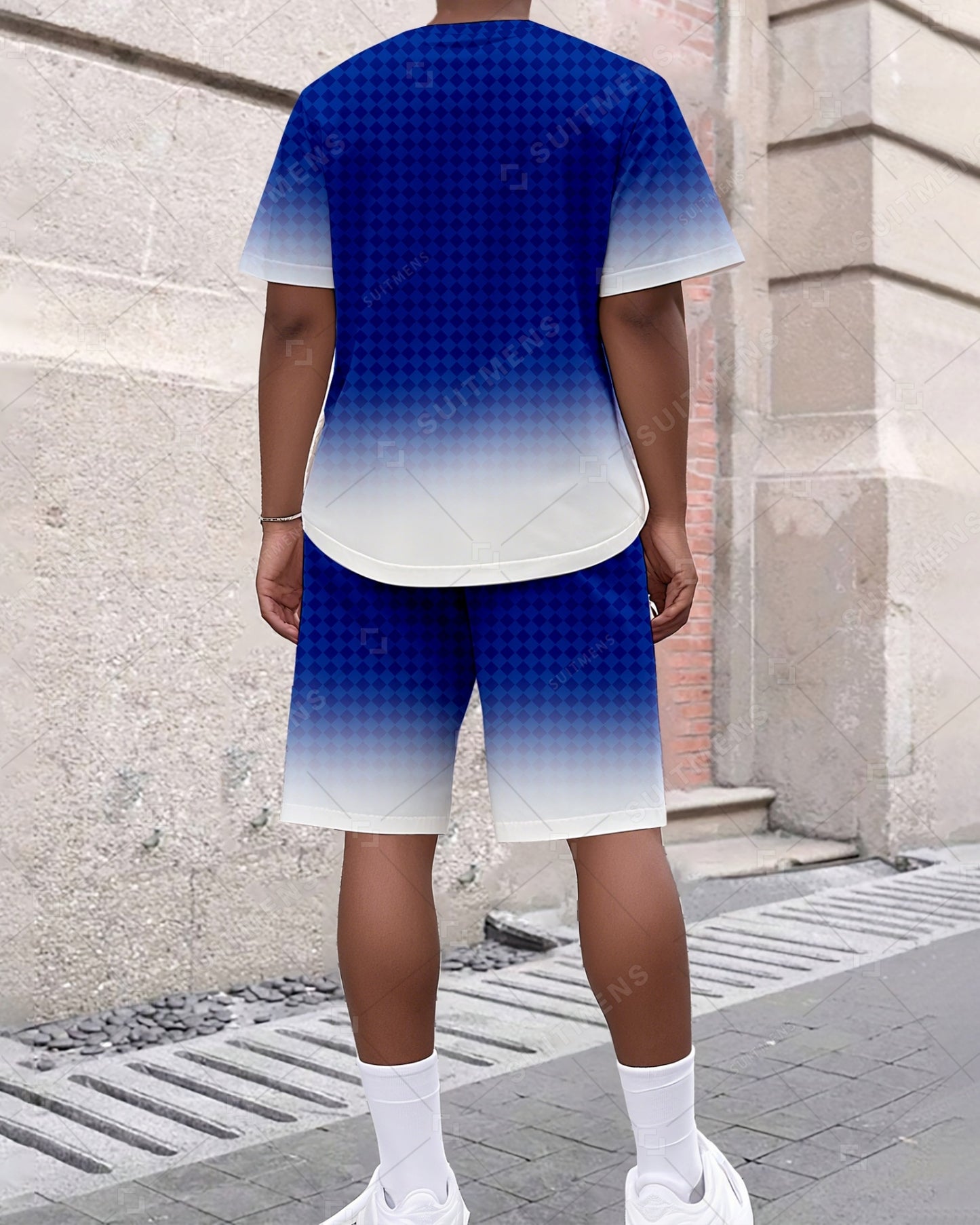Men's Summer Colorblock Plaid Gradient Print Round Neck Suit 044