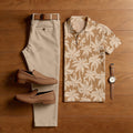 Men's Casual Khaki & Orange Color Matching Retro Style Printed Short Sleeved Polo Shirt & Trousers Two-Piece Set