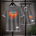 Men's Phoenix Graphic Print Short Sleeve Shirt and Drawstring Shorts Set, Casual Summer Two-Piece Outfit, Lightweight Breathable Relaxed Fit Athletic Set for Daily Wear, Beach, Vacation, Travel and Loungewear