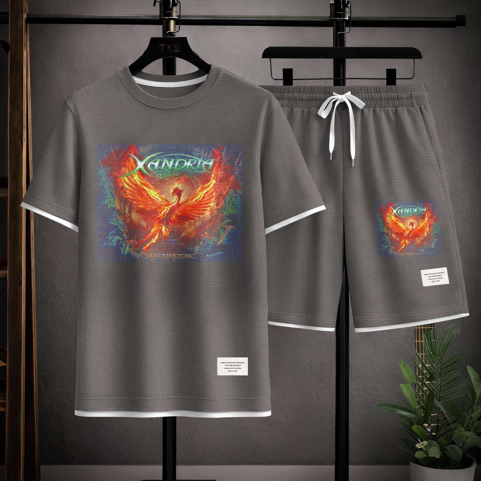 Men's Phoenix Graphic Print Short Sleeve Shirt and Drawstring Shorts Set, Casual Summer Two-Piece Outfit, Lightweight Breathable Relaxed Fit Athletic Set for Daily Wear, Beach, Vacation, Travel and Loungewear