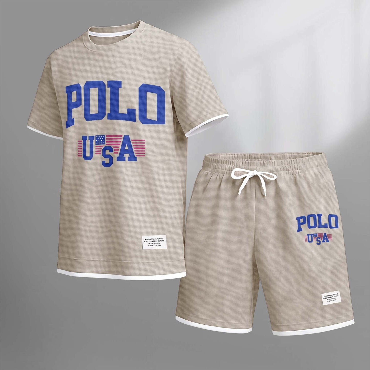Men's USA Polo Print Drawstring Shorts Set For Spring/Summer. A Casual Summer Outfit, Including A Short-Sleeved Shirt And Shorts, Suitable For Everyday Wear And Sports. A Two-Piece Set For A Relaxed And Energetic Lifestyle.