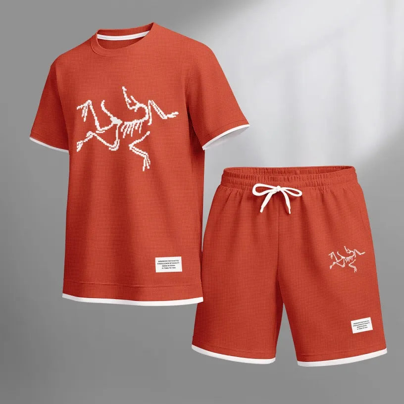 Men's Pixel-style Bird Skeleton Print Waffle Fabric Short-Sleeved Shirt And Shorts Set