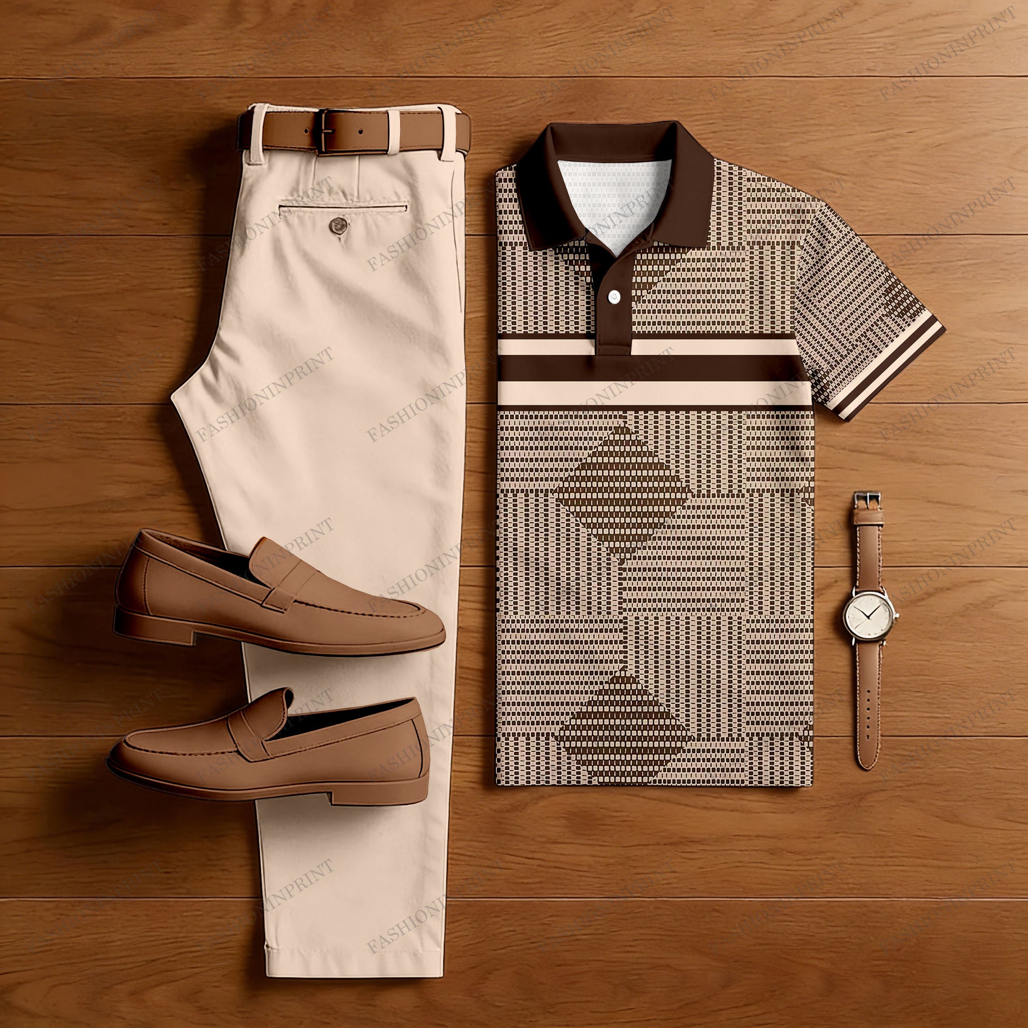 Men's Casual Apricot & Brown Color Matching Retro Style Printed Short Sleeved Polo Shirt & Trousers Two-Piece Set