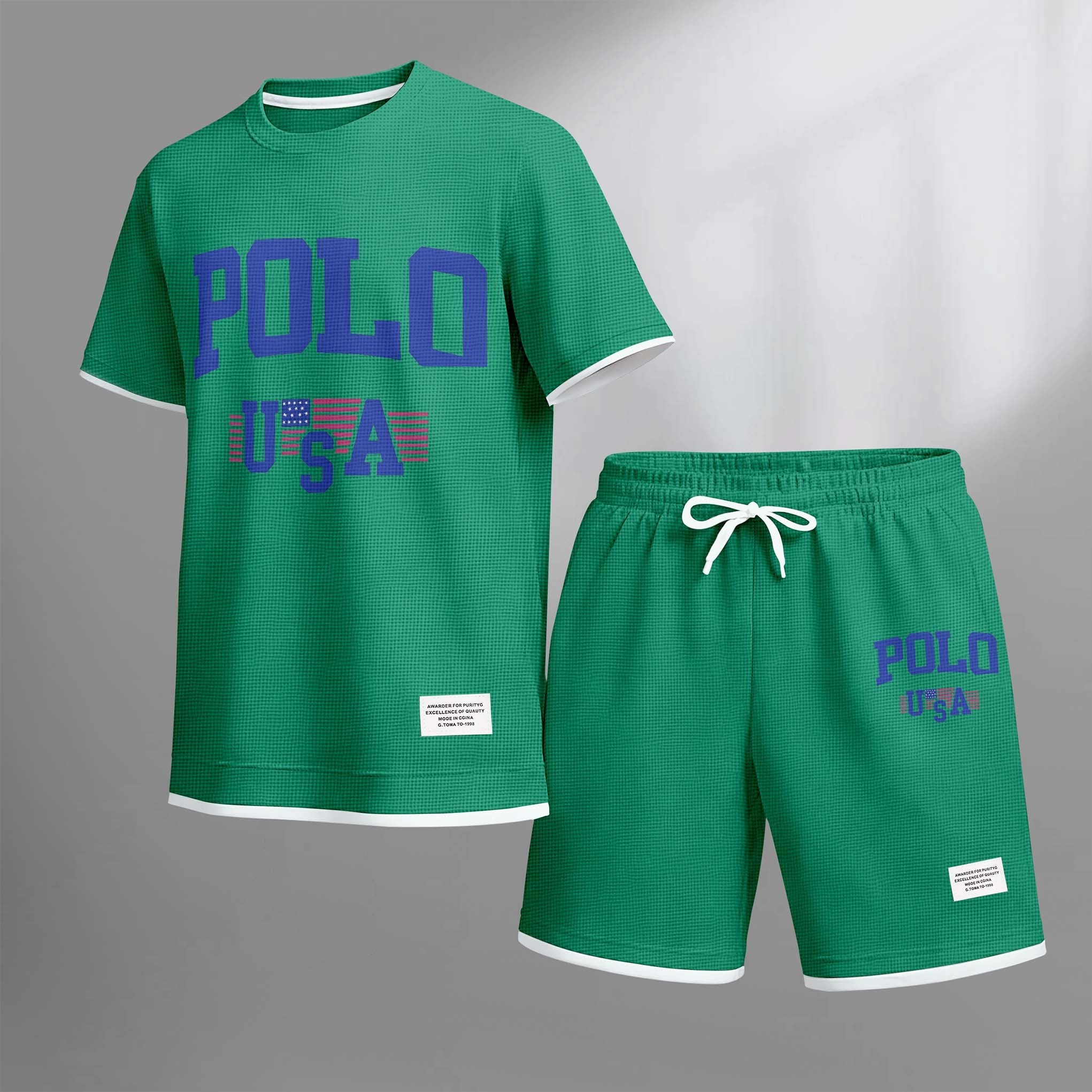 Men's USA Polo Print Drawstring Shorts Set For Spring/Summer. A Casual Summer Outfit, Including A Short-Sleeved Shirt And Shorts, Suitable For Everyday Wear And Sports. A Two-Piece Set For A Relaxed And Energetic Lifestyle.