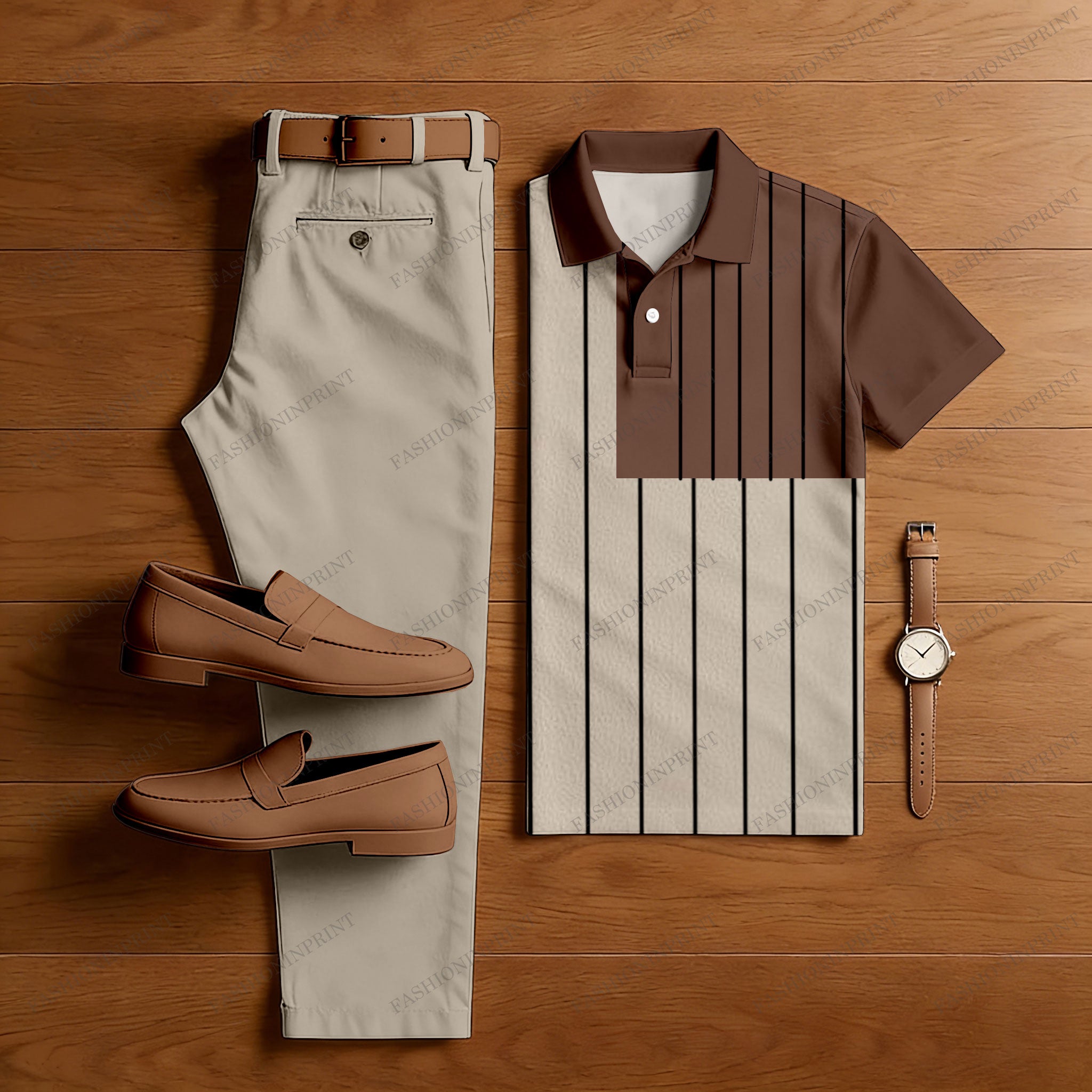Men's Casual Light Brown & Coffee Color Matching Striped Printed Short Sleeved Polo Shirt & Trousers Two-Piece Set