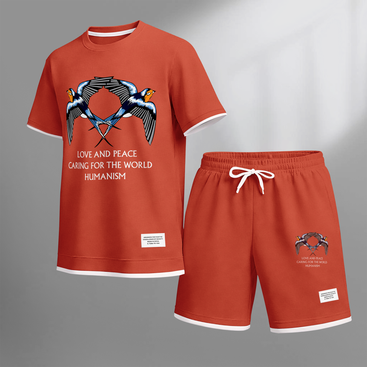 Men's Casual Style Peace Dove Print Waffle Fabric Short-Sleeved Shirt And Shorts Set