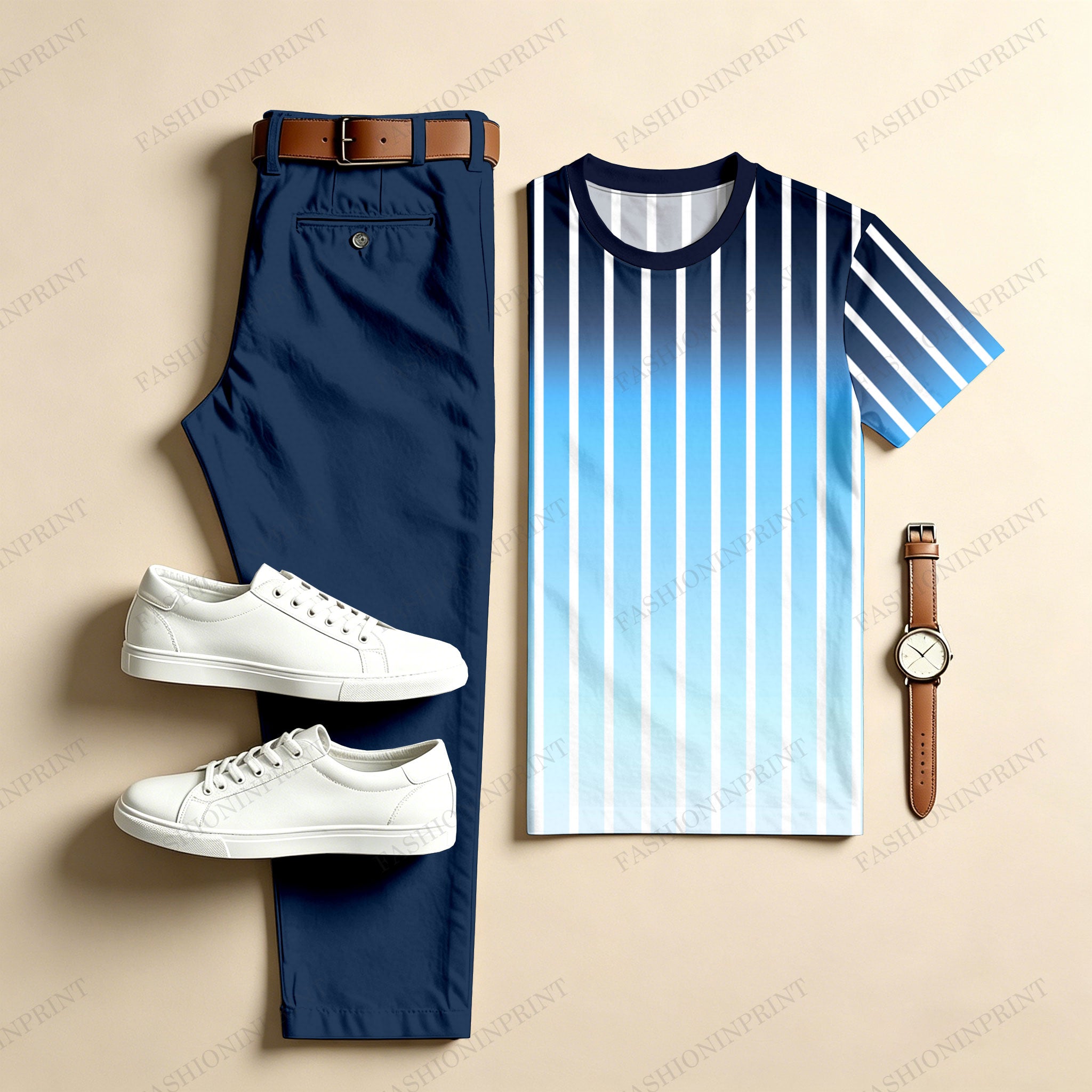 Men's Casual Two-Piece Set: Printed Crew Neck Short-Sleeve Top & Long Pants