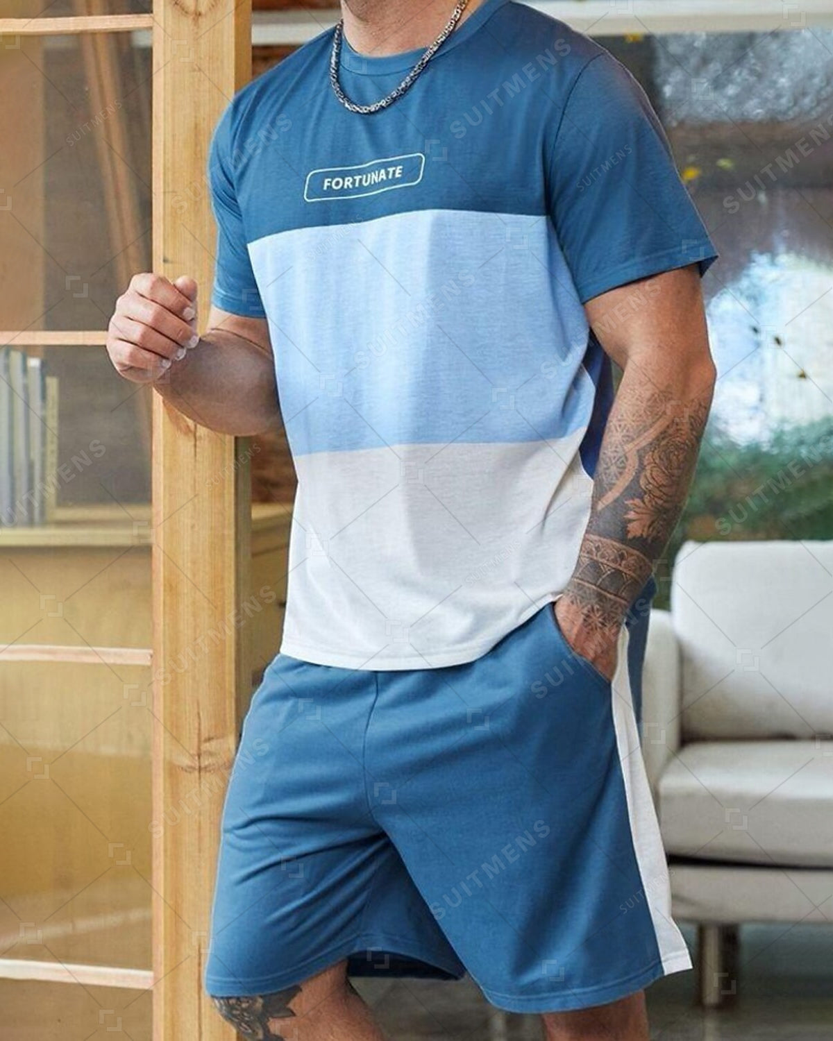 Men's Summer Color Matching Print Round Neck Set 227