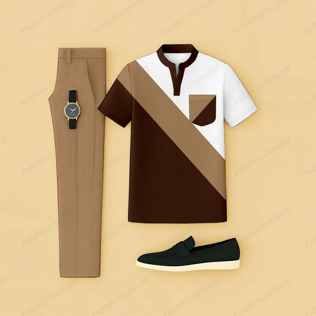 Men's Casual Black & Brown Printed Short-Sleeve T-Shirt And Pants Two-Piece Set