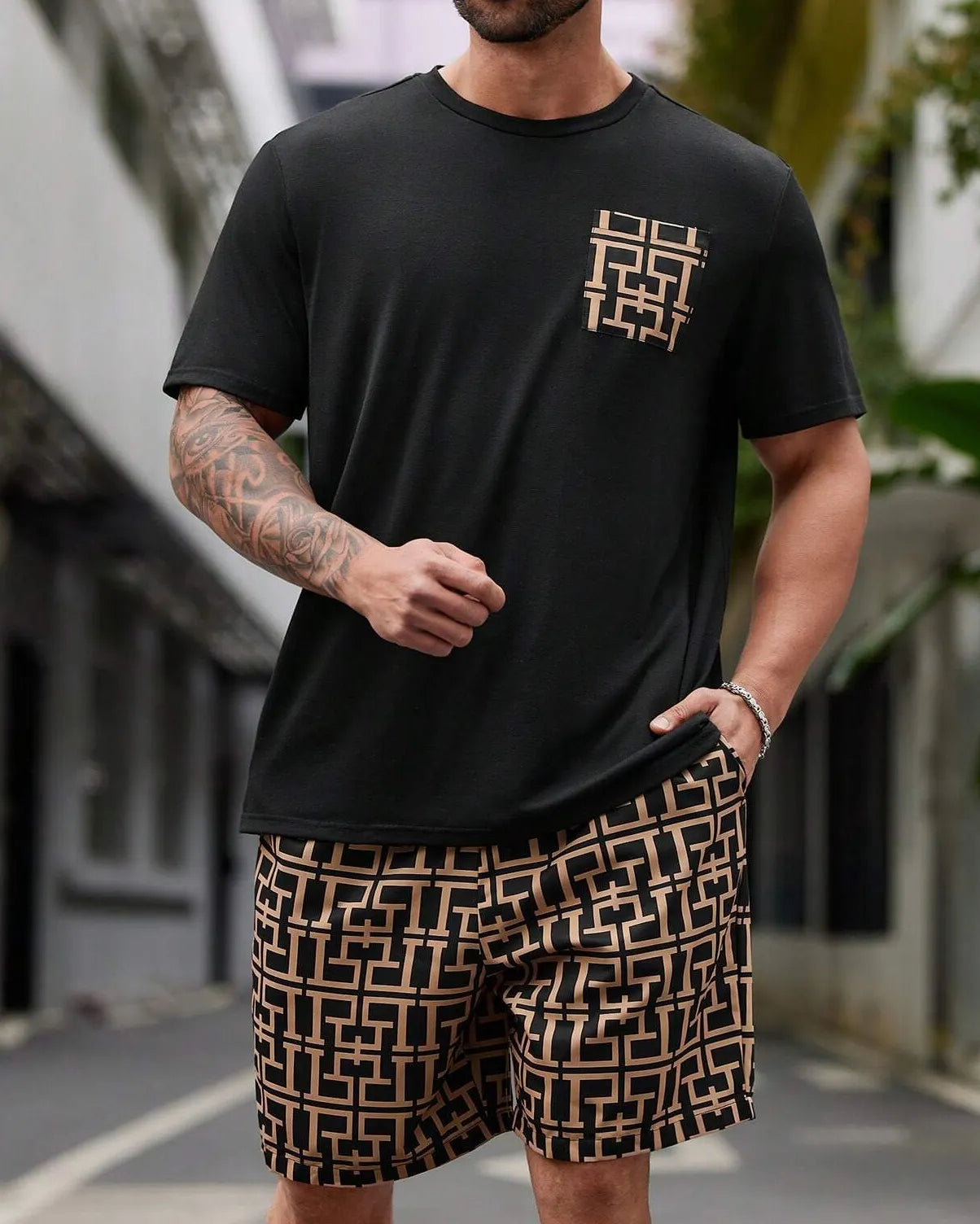 Men's casual color block printed shorts Set 510