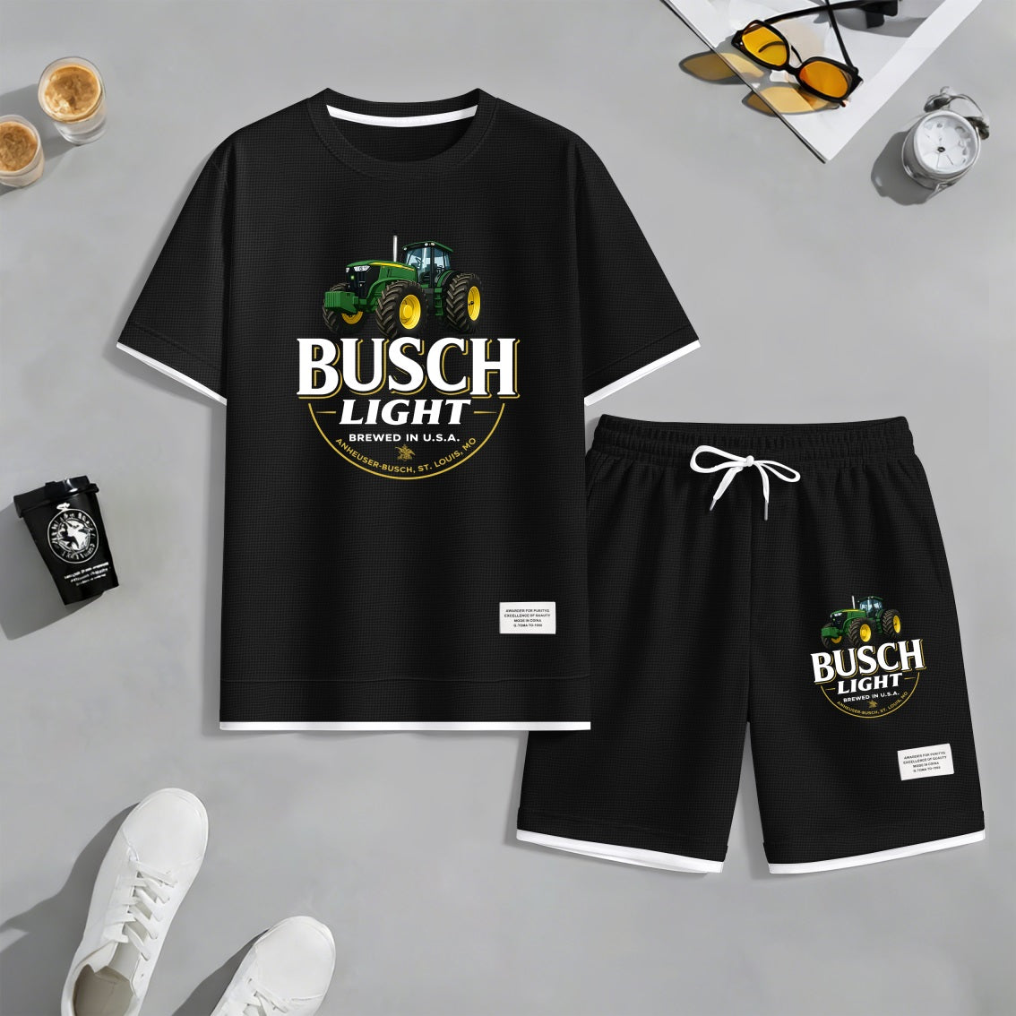 Men's Outdoor Iced Beer Print Waffle Fabric Short-Sleeved Shirt And Shorts Set
