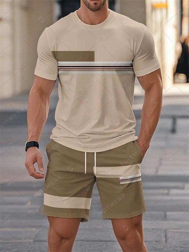 Men's Summer Colorblock Printed Round Neck Set 750