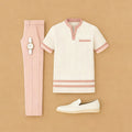 Men's Casual Pink & Beige Color Matching Printed Short Sleeved Henry Collar T-Shirt & Trousers Two-Piece Set 202656