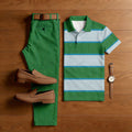 Men's Casual Green & White Color Matching Striped Printed Short Sleeved Polo Shirt & Trousers Two-Piece Set