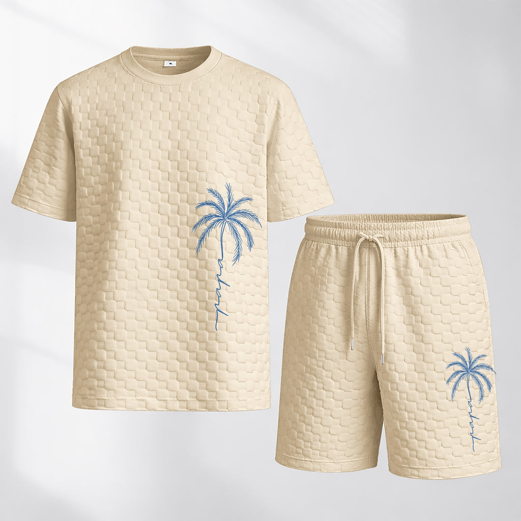 Men's Spring and Summer Palm Tree Print Checkered Fabric Drawstring Shorts Set, Casual Summer Outfit with Short-Sleeved Shirt and Shorts, Ideal for Everyday Wear and Sports Activities.