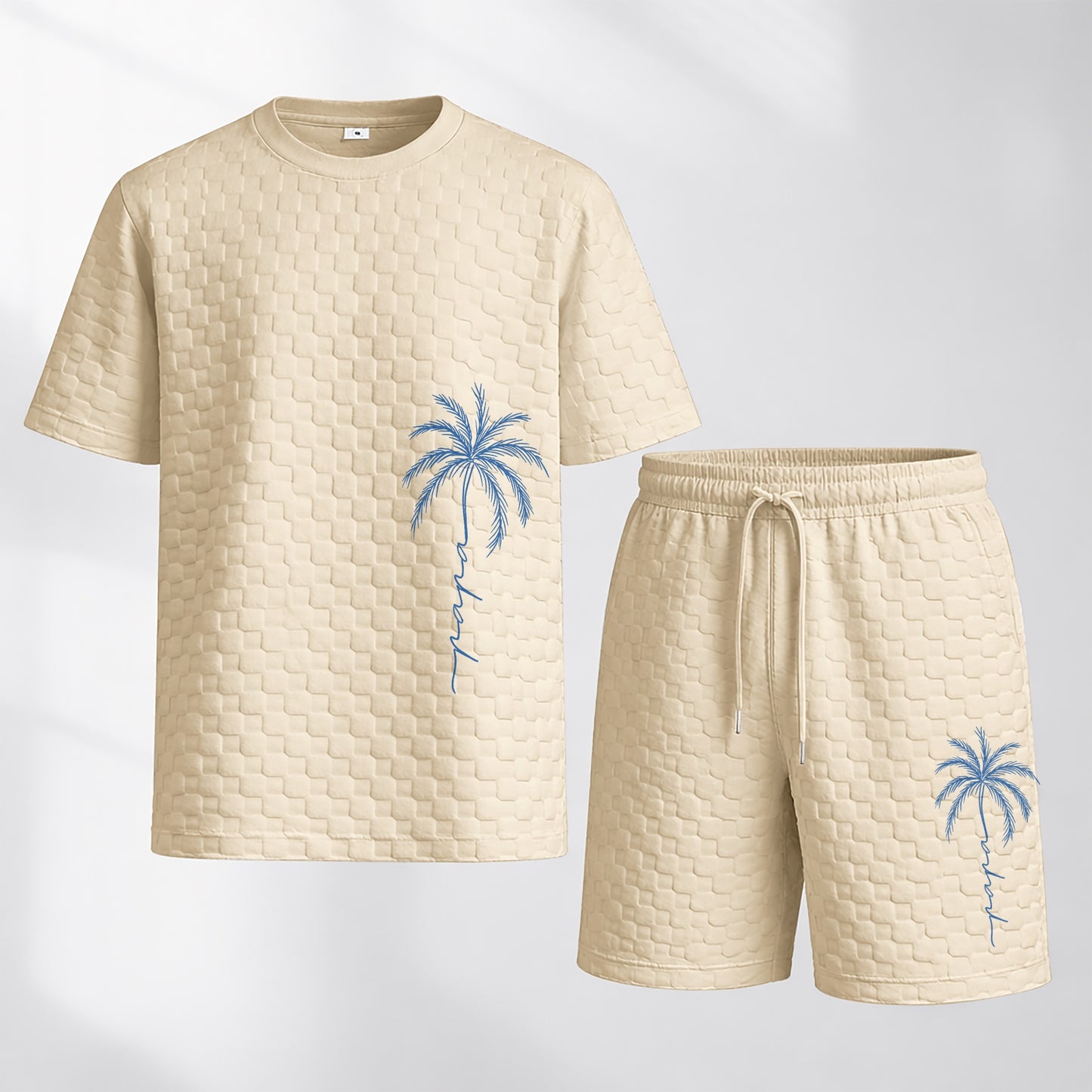 Men's Spring and Summer Palm Tree Print Checkered Fabric Drawstring Shorts Set, Casual Summer Outfit with Short-Sleeved Shirt and Shorts, Ideal for Everyday Wear and Sports Activities.