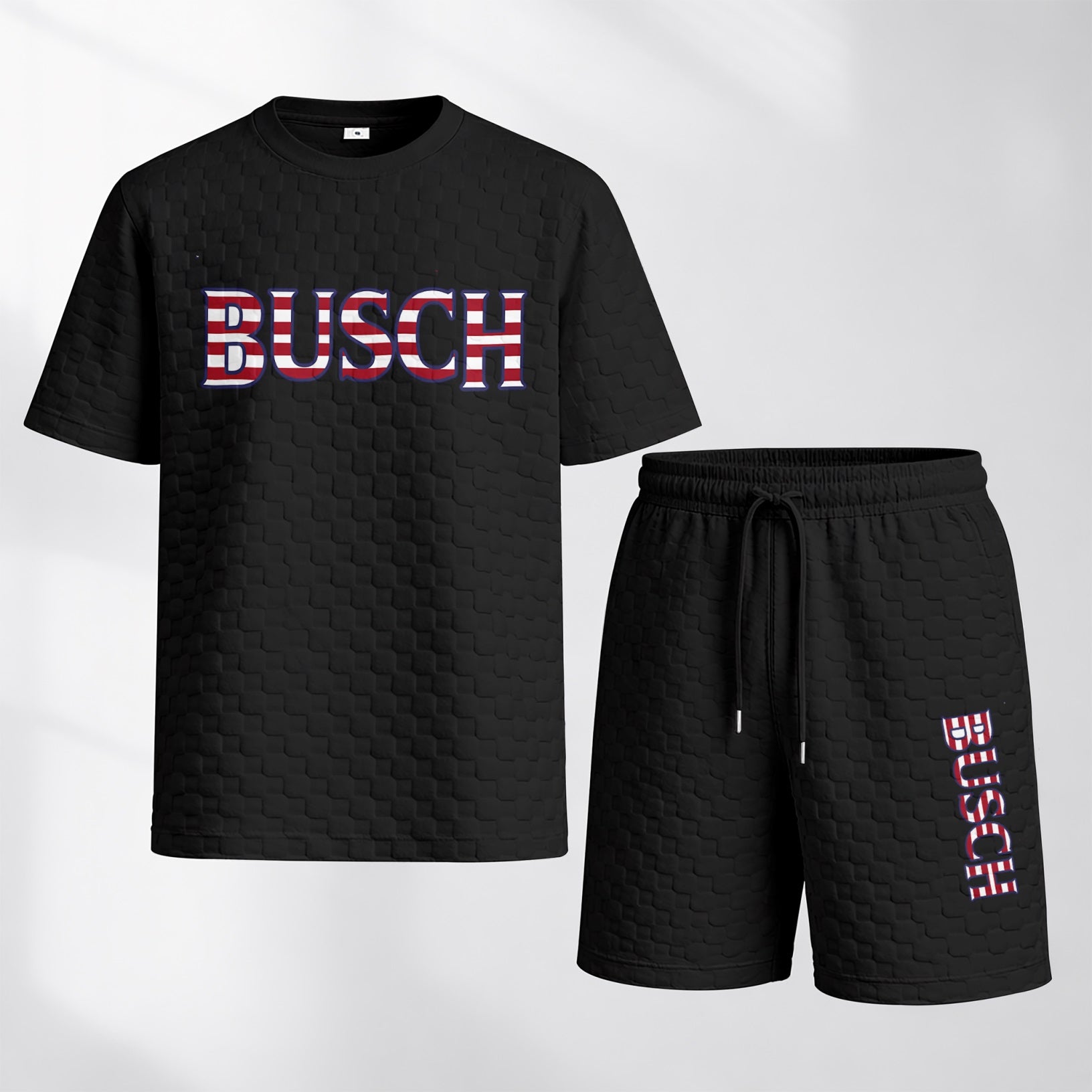 Men's Spring/Summer Drawstring Shorts Set featuring Beverage-Print Plaid Fabric—A casual summer ensemble comprising a short-sleeve shirt and shorts, ideal for both daily wear and athletic activities
