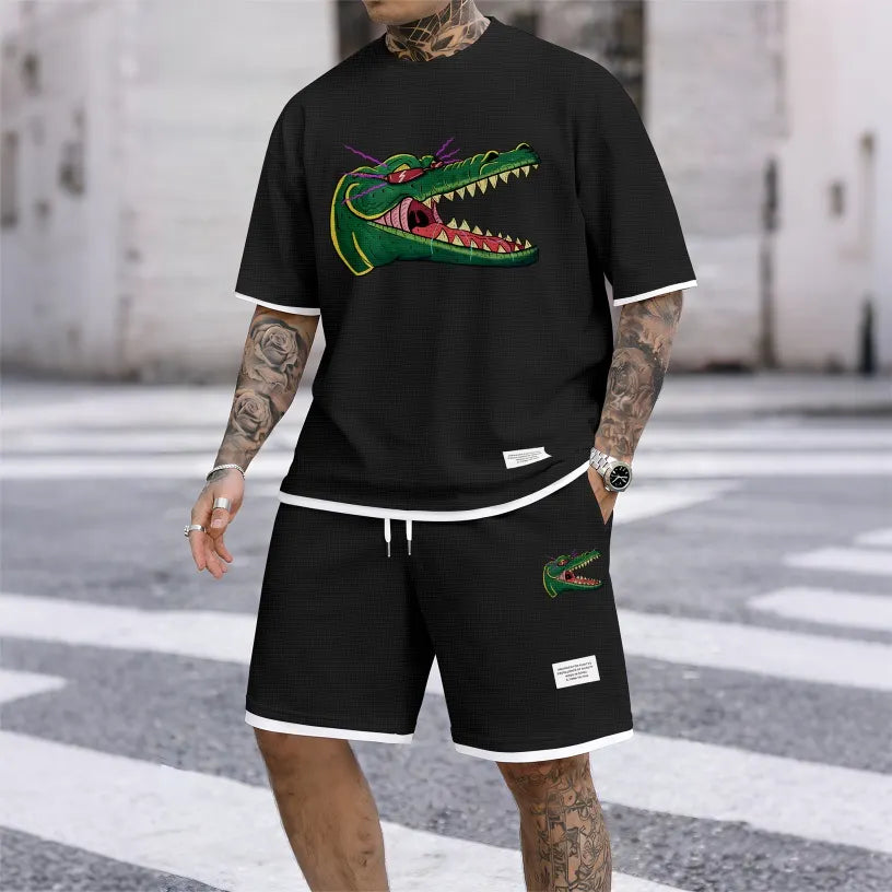 Men's Cartoon Crocodile Head Print Waffle Fabric Short-Sleeved Shirt And Shorts Set