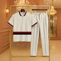 Men's Casual Black & Red Color Matching Striped Printed Zipper Short Sleeved Polo Shirt & Trousers Khaki Two-Piece Set