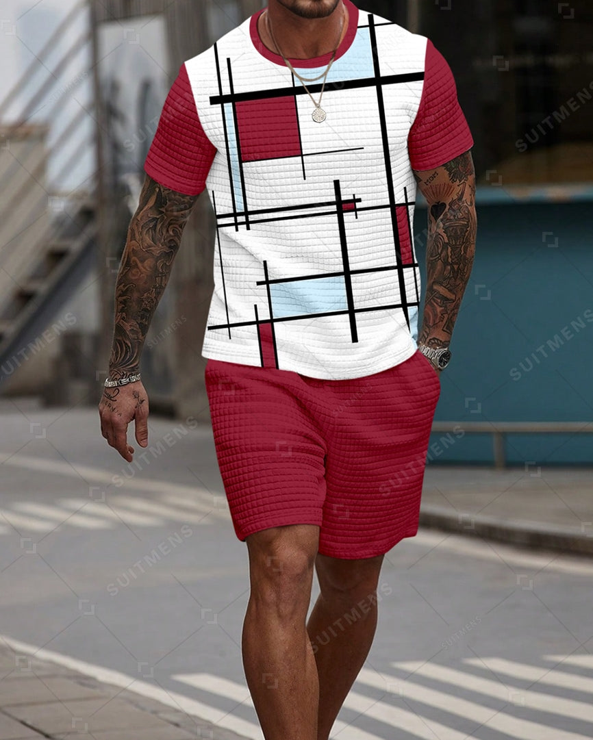 Men's Casual Waffle Textured Summer Round Neck Short Sleeve Shorts Set 0019