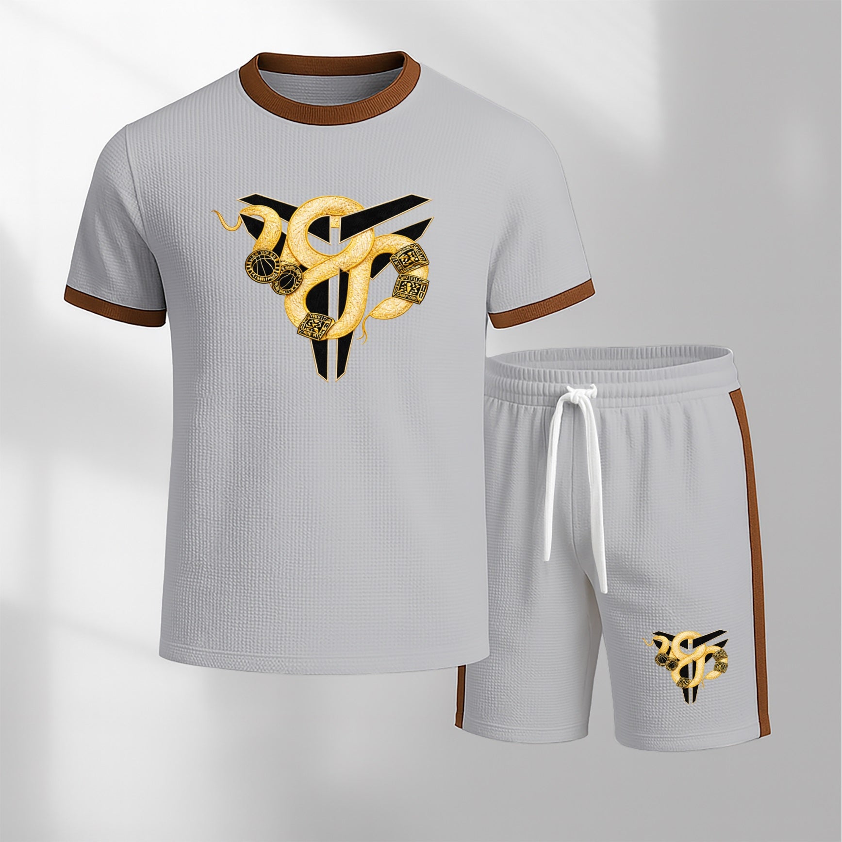 Men's Patterned Short-Sleeved T-Shirt And Drawstring Shorts Set, Men's Clothing, Casual Sports Short-Sleeved Top And Shorts, Men's Summer Everyday Wear, Indoor And Outdoor Sportswear, Sports Set.