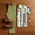 Men's Casual Light Green & White Color Matching Geometric Printed Short Sleeved Polo Shirt & Trousers Two-Piece Set