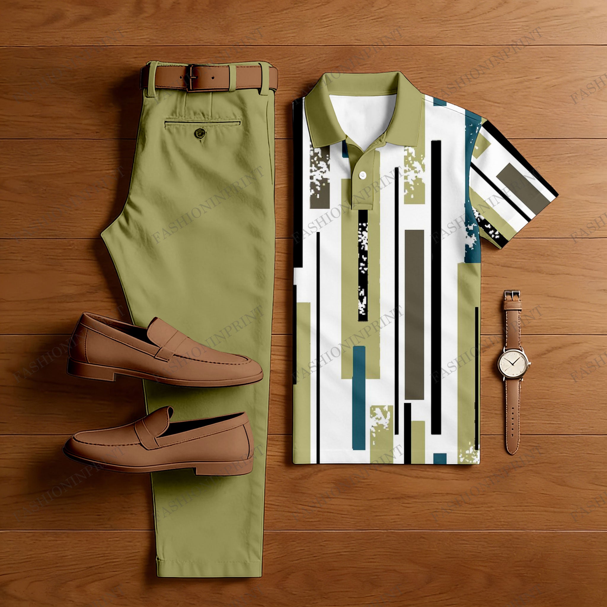 Men's Casual Light Green & White Color Matching Geometric Printed Short Sleeved Polo Shirt & Trousers Two-Piece Set