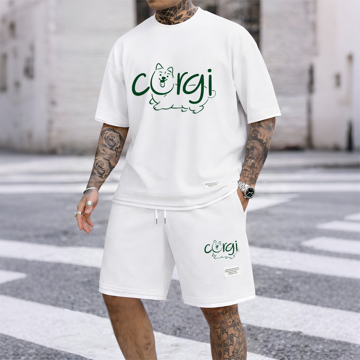 Men's Corgi Graphic Print Short Sleeve Shirt and Drawstring Shorts Set, Casual Summer Two-Piece Outfit, Lightweight Breathable Relaxed Fit Athletic Set for Daily Wear, Beach, Vacation, Travel and Loungewear