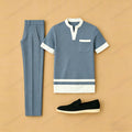 Men's Casual Blue Geometry Printed Short-Sleeve T-Shirt And Pants Two-Piece Set