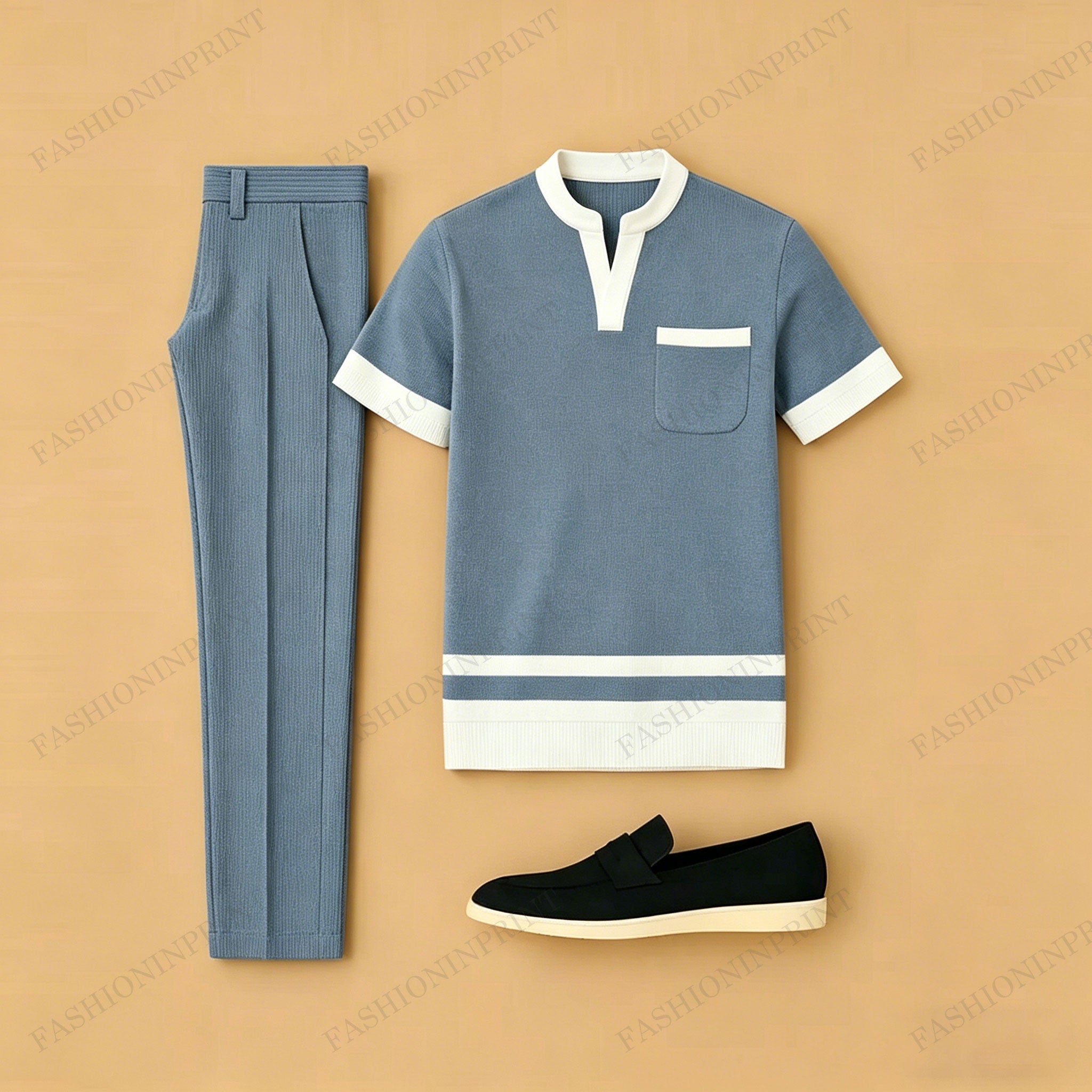 Men's Casual Blue Geometry Printed Short-Sleeve T-Shirt And Pants Two-Piece Set