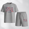Men's Spring/Summer USA-Print Plaid Drawstring Shorts Set—A casual summer outfit featuring a short-sleeve shirt and shorts, ideal for both everyday wear and athletic activities