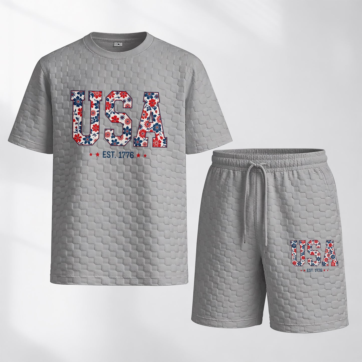 Men's Spring/Summer USA-Print Plaid Drawstring Shorts Set—A casual summer outfit featuring a short-sleeve shirt and shorts, ideal for both everyday wear and athletic activities