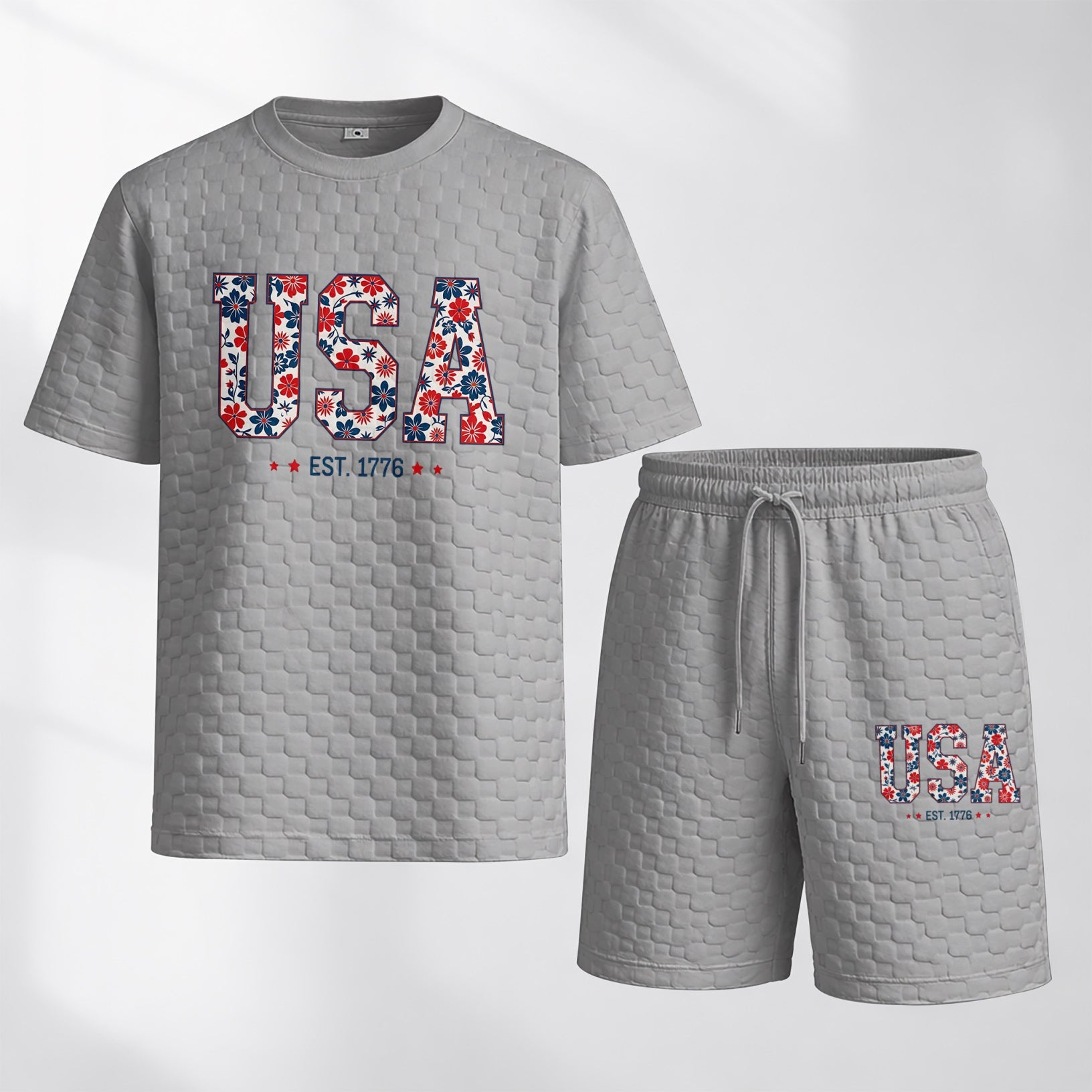 Men's Spring/Summer USA-Print Plaid Drawstring Shorts Set—A casual summer outfit featuring a short-sleeve shirt and shorts, ideal for both everyday wear and athletic activities