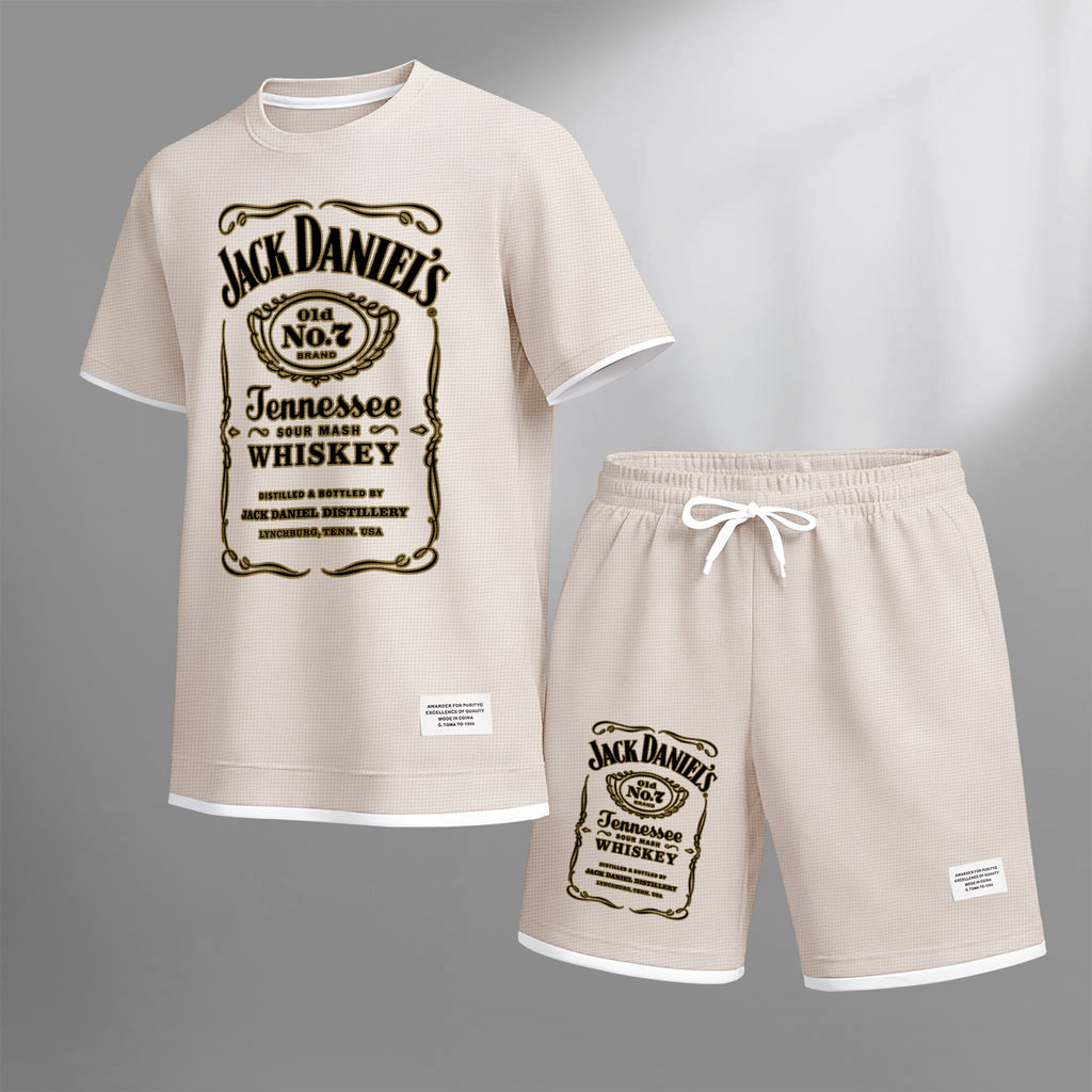 Men's Beer And Beverage Printed Drawstring Shorts Set, Suitable For Spring And Summer Wear, Casual Summer Set, Including Short-Sleeved Shirt And Shorts, Suitable For Everyday Wear And Sports 03